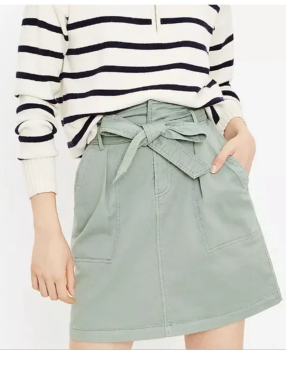 Loft Olive Green Belted Paper-bag Waist Cargo Skirt Sz 2 Stretch Denim